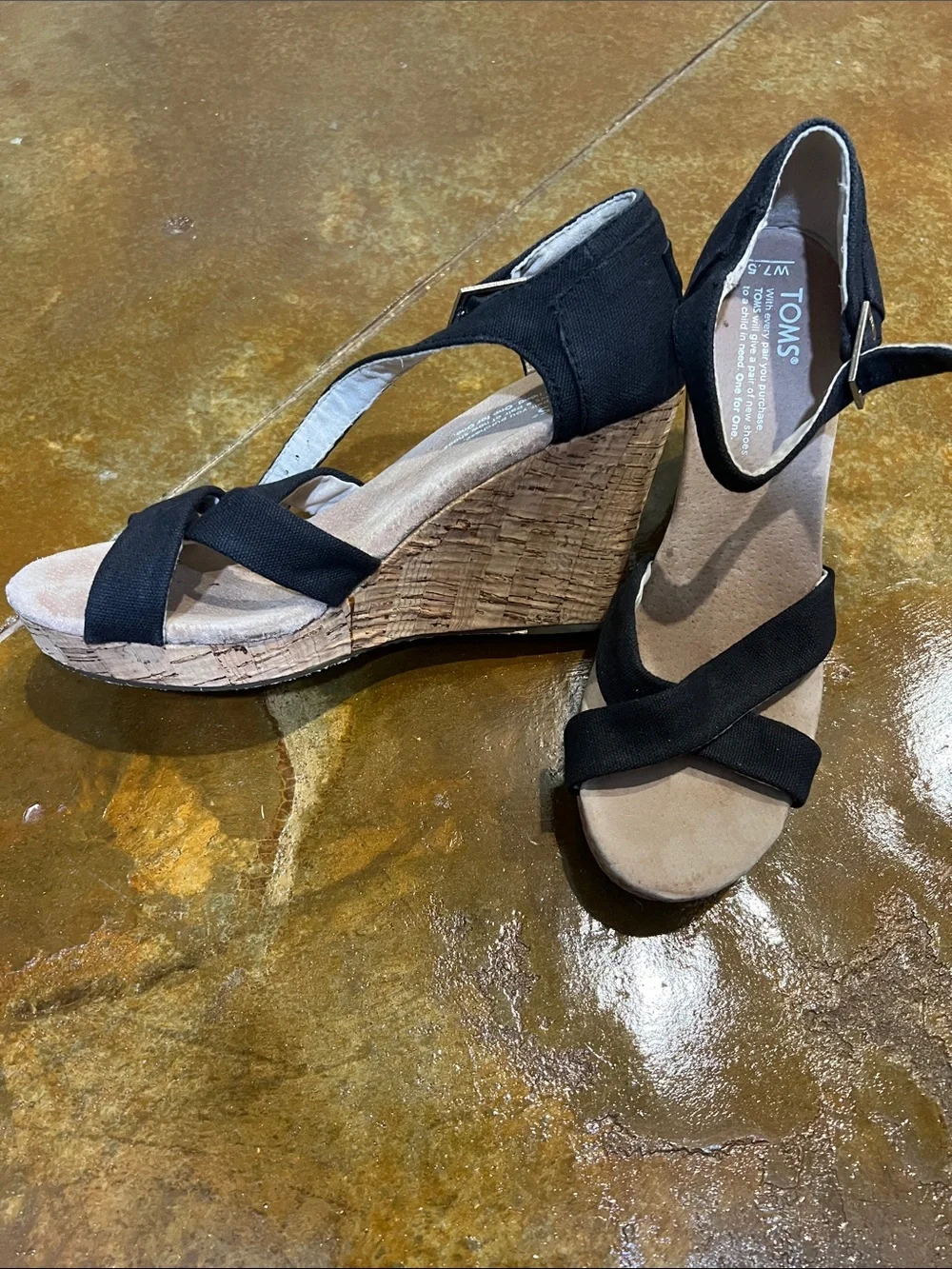 TOMS Black Crisscross Ankle-Strap Wedge Sandals